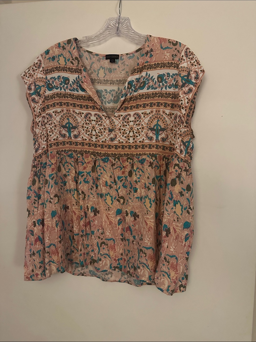Coco + Carmen Beige Boho Cap-Sleeve Top with Teal Accents